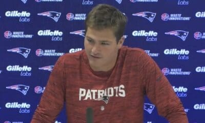 New England Patriots quarterback Drake Maye meets with the media after being named the team's starting quarterback.